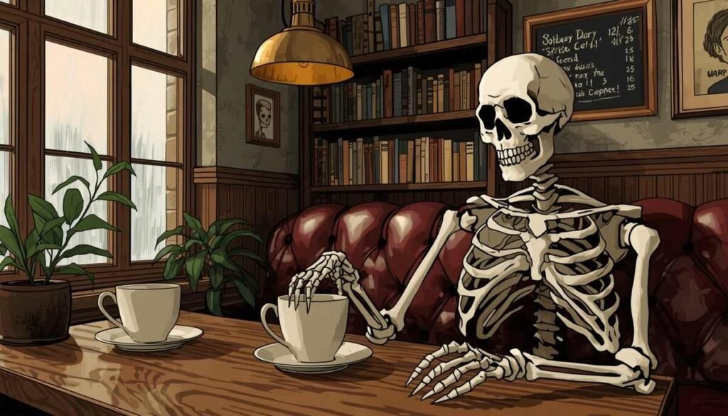  "skeleton ordering coffee at cafe counter, funny coffee shop scene"