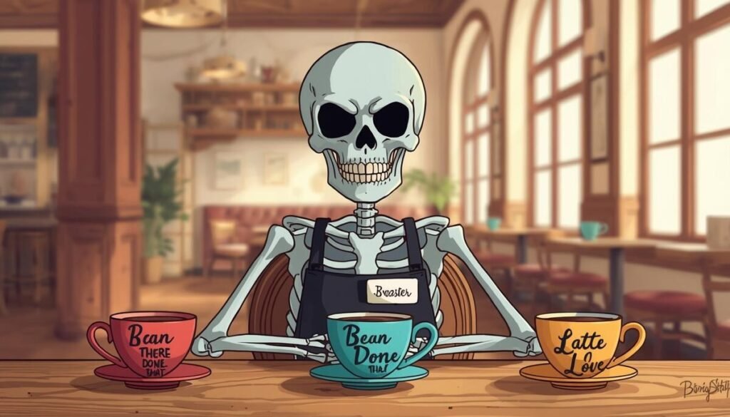 "skeleton drinking black coffee, sarcastic adult humor illustration"