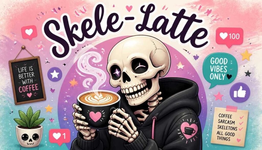  "skeleton holding latte for social media caption post"