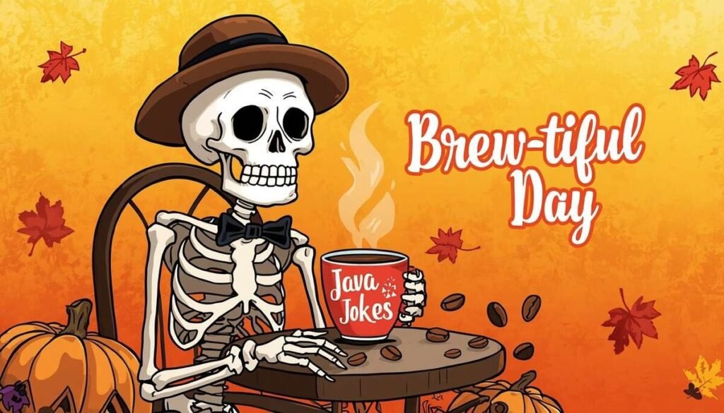 "Halloween skeleton coffee pun graphic with pumpkin spice latte"