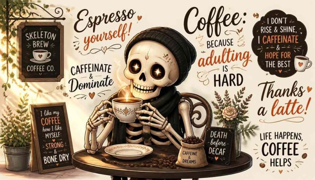 "skeleton drinking morning coffee, bone appetit pun illustration"