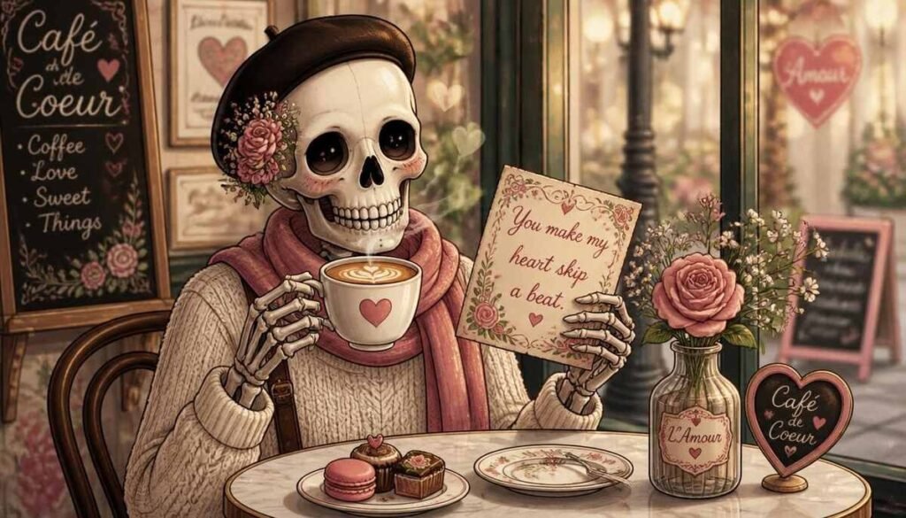 "skeleton couple sharing coffee, romantic love pun illustration"