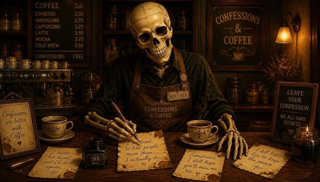 "skeleton barista making espresso behind coffee shop counter"