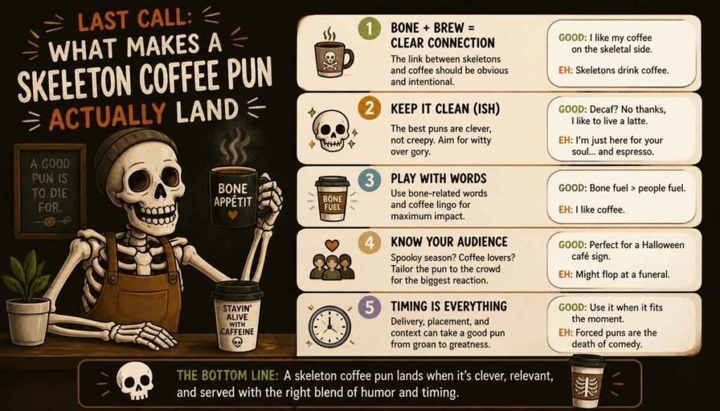  "skeleton relaxing with coffee cup, closing illustration for skeleton coffee puns article"