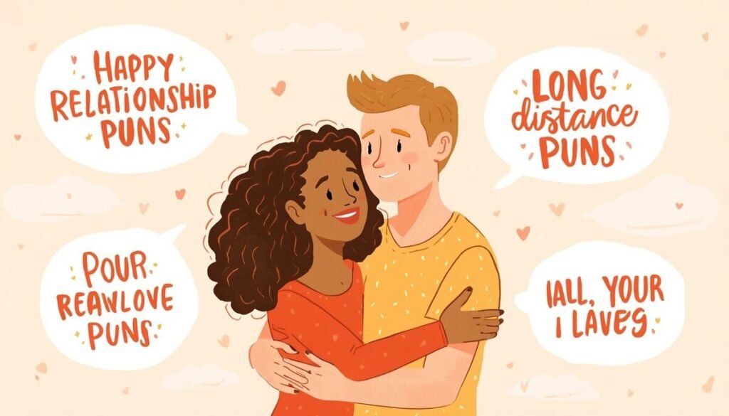 "couple on video call, long-distance relationship pun illustration"