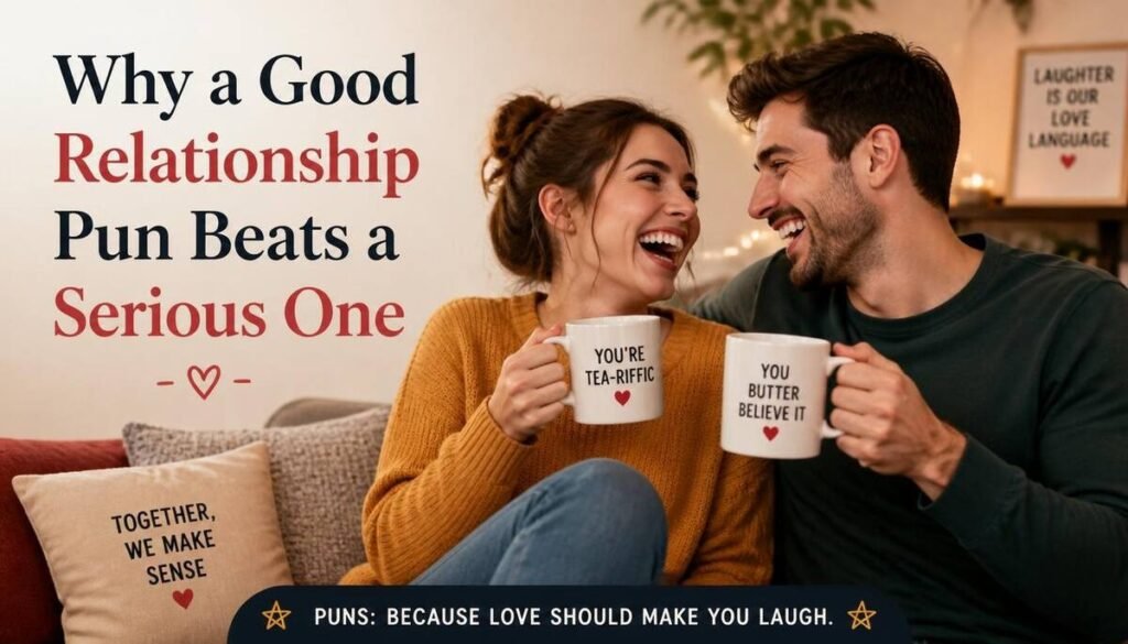 "couple smiling at each other, closing illustration for relationship puns article"
