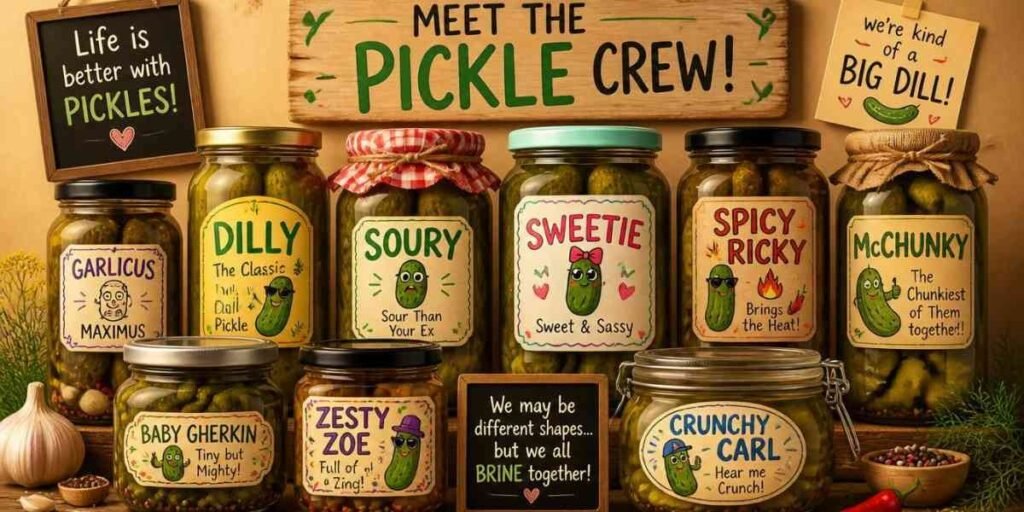 "row of cartoon pickle characters with funny name tags"