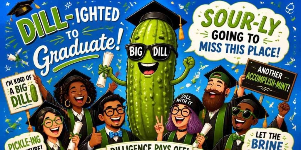 "pickle wearing graduation cap, graduation pickle pun illustration"
