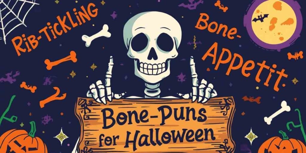 "Halloween skeleton decoration, bone pun illustration"