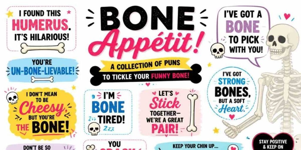 "skeleton posing for photo, bone pun caption illustration"