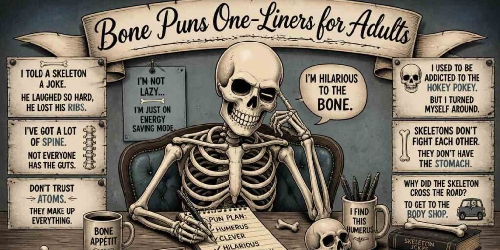  "tired skeleton with coffee, adult bone pun illustration"
