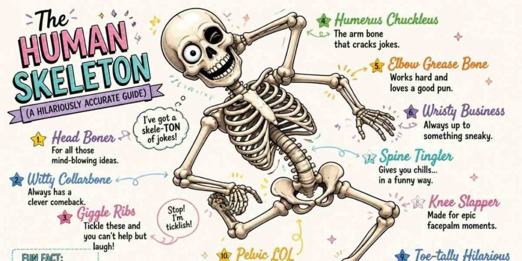  "row of cartoon skeleton characters with funny name tags"