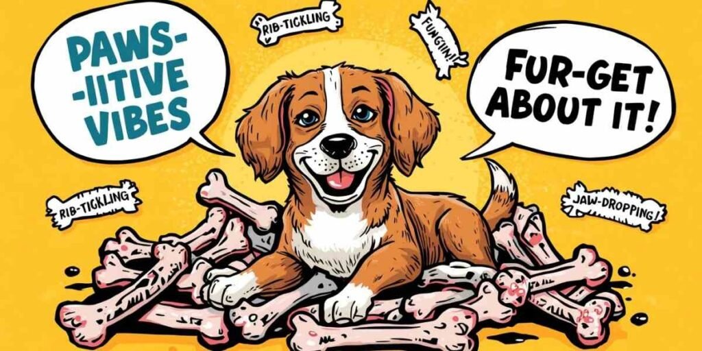 "dog holding a bone, dog bone pun illustration"