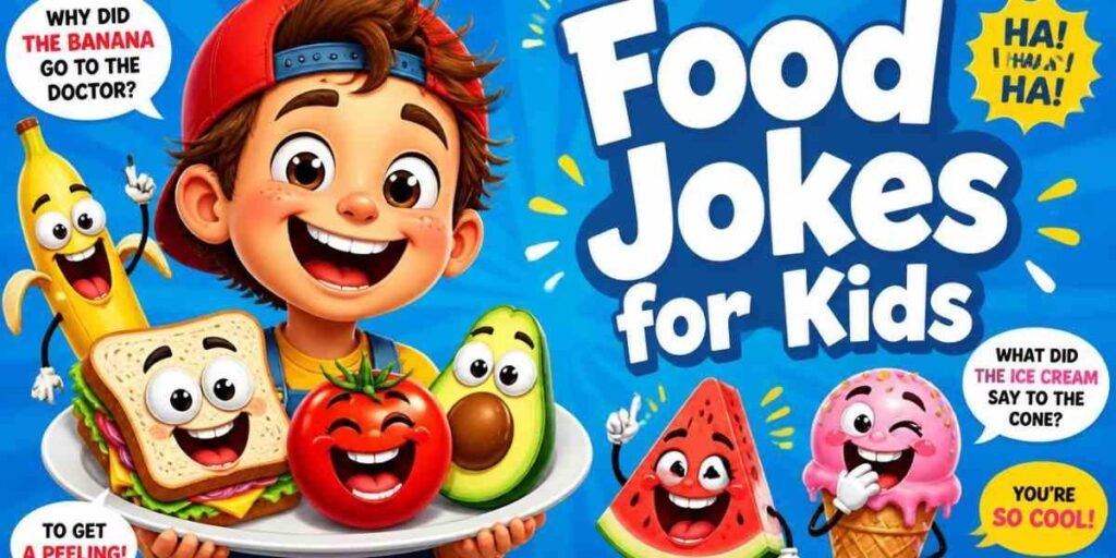 "funny cartoon food characters, food jokes for kids illustration"