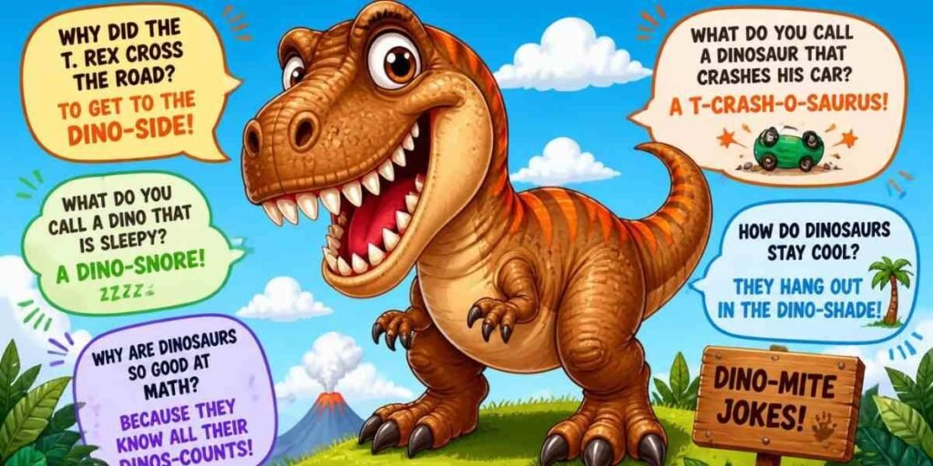cartoon dinosaur telling a joke, dinosaur jokes for kids