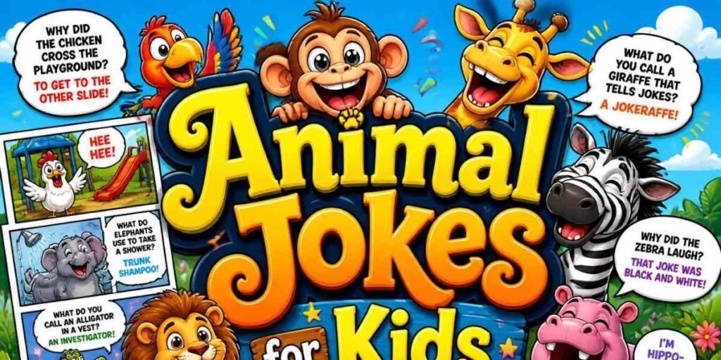 "cartoon animals laughing, animal jokes for kids illustration"