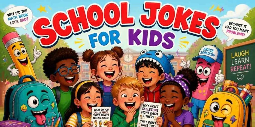"kids laughing in classroom, school jokes for kids illustration"